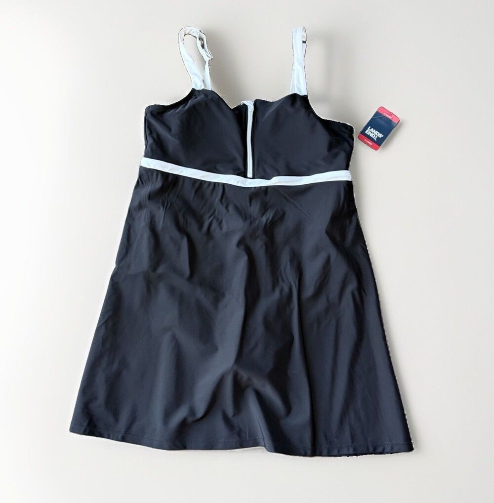 Lands End Swim Dress Womens XL NWT Black White Zip Front One Piece Swimsuit New